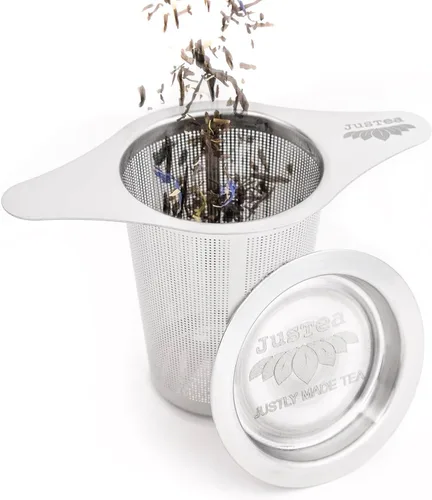 Infusor de té de hojas sueltas con tapa de posavasos de doble uso, colador de té apto para lavavajillas, acero inoxidable 18/8, se adapta a tazas y