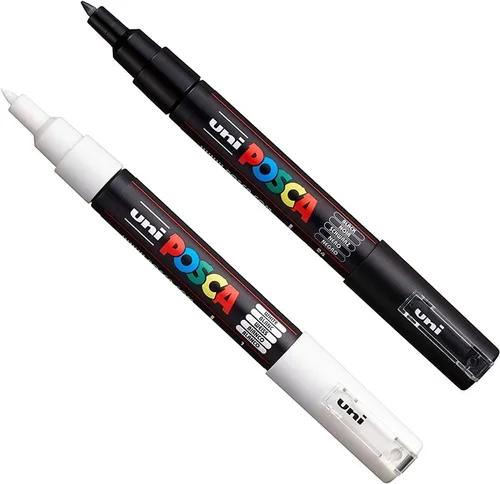 Juego auténtico de marcadores Posca, 2 marcadores de pintura Posca de grado profesional en blanco y negro con punta extra fina de 1M