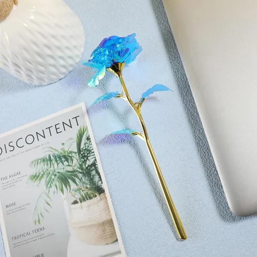 Miniatura 4 de Lyrow 12 rosas de galaxia con tallos, regalo para ella, rosa de cristal falsa preservada de 24 quilates para decoración de cumpleaños, boda, 10 Azul