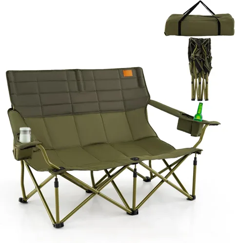 Miniatura 12 de Goplus Silla de campamento para 3 personas para adultos, silla plegable de gran tamaño para exteriores baja con portavasos y acolchado grueso, silla