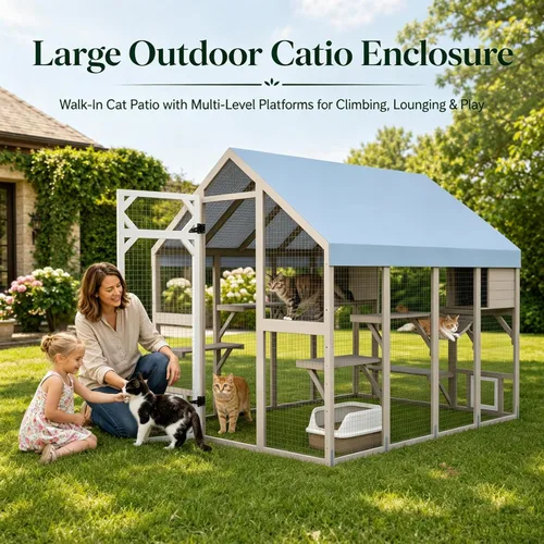 Miniatura 9 de PetsCosset 71" H Large Catio Outdoor Cat Enclosure Window Catios Wooden Walk-in Catio for Multiple Cats with 2 Resting Houses, 6 Platforms