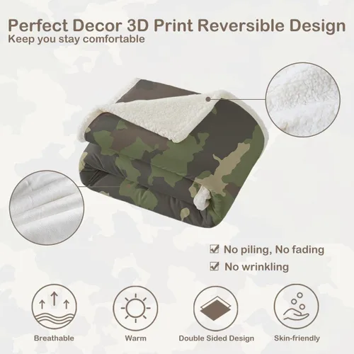 Miniatura 7 de Sleepwish Manta de forro polar de camuflaje caqui militar para niños y niños, manta sherpa de camuflaje militar suave para sofá y silla