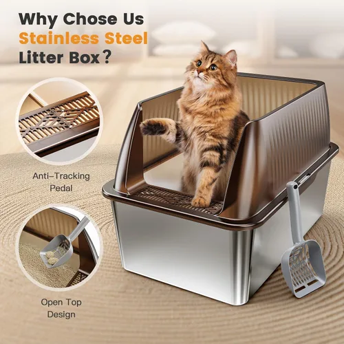 Miniatura 4 de Tripamin Caja de arena para gatos de acero inoxidable XL de 15 pulgadas, lados altos XXL de acero inoxidable con tapa, caja de arena de metal