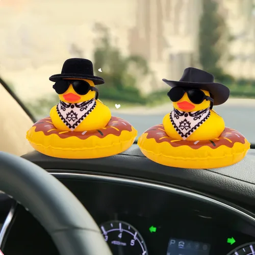Miniatura 6 de wonuu Decoración de pato de goma para automóvil, accesorios de decoración de tablero de instrumentos de pato vaquero occidental con mini anillo