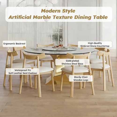 Miniatura 2 de Juego de mesa de comedor redonda de 9 piezas, moderna mesa de cocina de piedra sinterizada de 59 pulgadas con plato giratorio redondo de 31.5