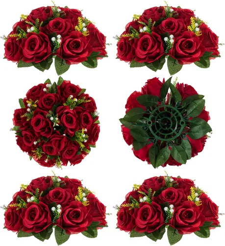 Miniatura 19 de BLOSMON Bolas de flores, centros de mesa de rosas de boda: 2 piezas de flores falsas carmesí decoración de bolas de besos Arreglos florales