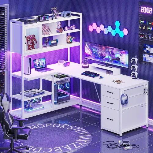 Miniatura 8 de SEDETA Escritorio para computadora en forma de L, escritorio de oficina de 58 pulgadas con 3 cajones y estantería, escritorio esquinero