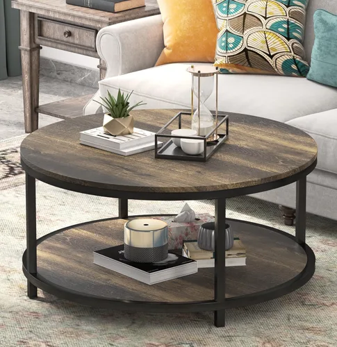 Miniatura 12 de WiberWi Mesa de centro redonda negra para sala de estar de 35.8 pulgadas, mesa circular con parte superior de mármol sintético, patas de metal Negro