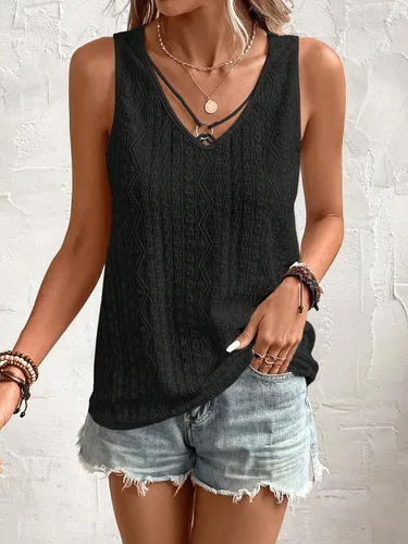 Miniatura 4 de SweatyRocks Camiseta sin mangas con cuello en V para mujer, con bordado, con ojales