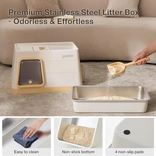Miniatura 5 de ZOMISIA Stainless Steel Cat Litter Box, Extra Large Covered Litter Box with Lid, Scoop, Odor Control Filter, XL Side/Top Entry Enclosed Cat Boxes