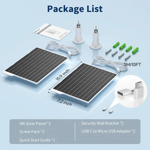 Miniatura 7 de Paquete de 2 paneles solares de 9 W, impermeable IP65, cargador de alta eficiencia con cable USB-C de 10 pies y adaptador micro USB, funciona