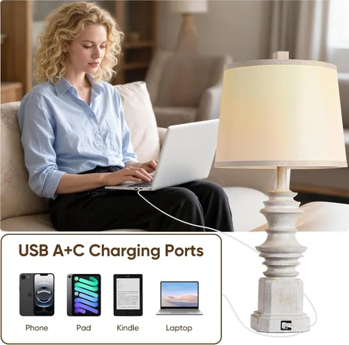 Miniatura 6 de QiMH - Juego de 2 lámparas de mesa para mesita de noche, lámpara de noche con dos puertos de carga USB, lámparas de mesa de decoración de granja