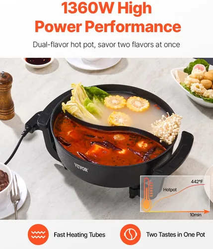 Miniatura 2 de VEVOR Olla caliente eléctrica, olla Shabu Shabu Shabu de doble sabor de 1360 W, 5 L, cocina eléctrica antiadherente con divisor, tapa de vidrio