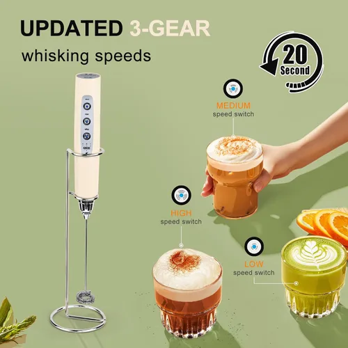 Miniatura 3 de YUSWKO Varita espumadora de leche de mano beige con soporte para café, batidor eléctrico recargable con 3 cabezales, 3 velocidades, mezclador de Oro