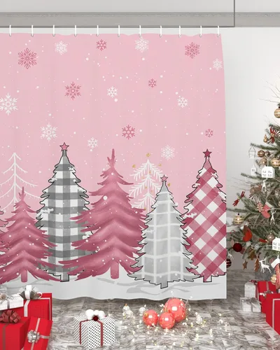 Juego de cortinas de ducha impermeables con árbol de Navidad color rosa, extra largas de 72 x 78 pulgadas, cortina de baño de tela de poliéster con