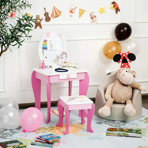 Miniatura 2 de Costzon Juego de tocador para niños con espejo, mesa de maquillaje y vestidor de princesa de madera 2 en 1 con parte superior desmontable, tocador