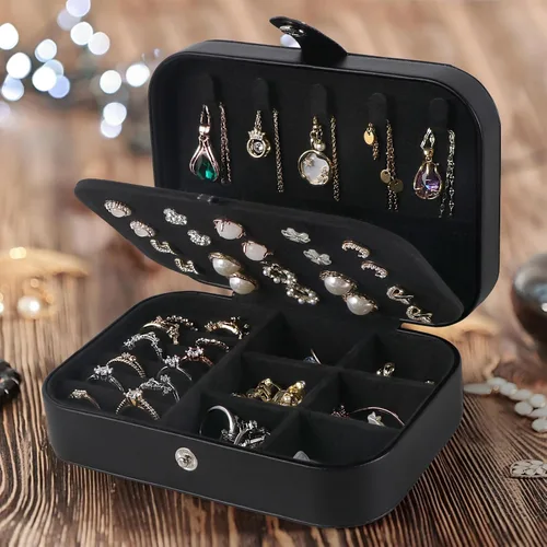 Miniatura 7 de Joyero de viaje, estuche de joyería de viaje mejorado, joyeros portátiles para mujeres, caja de joyería de piel sintética, organizador de joyas
