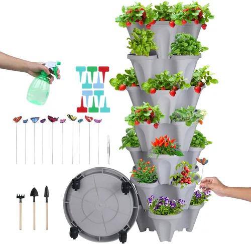 Miniatura 32 de Macetas apilables de polipropileno DUNCHATY, de 5 niveles, verde pino, para interior/exterior, 29" de altura x 13.6" de diámetro 2-1 Paquete