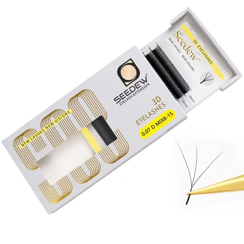 Miniatura 86 de Extensiones de pestañas con doble punta 3D, rizo D de 0.003 in, mezcla de 0.315-0.591 in, 12 filas por bandeja, tallo plano 3DD en forma de W
