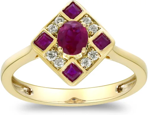 Gin & Grace Anillo de rubí genuino Mozambique de oro amarillo de 10 quilates con diamantes para mujer | Joyas hechas a mano con forma de rubí de