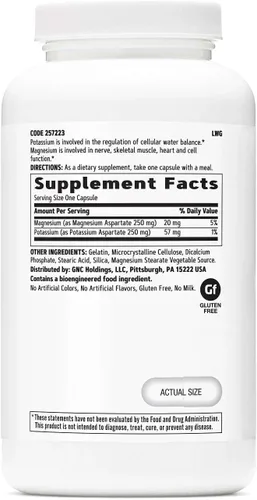GNC Suplemento de aspartato de potasio y magnesio de 250 mg, ayuda a regular el equilibrio hídrico, 240 porciones