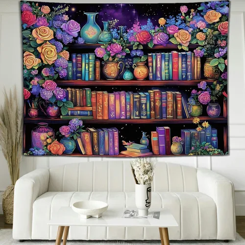 keowhsf Tapiz de pared de estantería de flores rosas y moradas, tapices coloridos para dormitorio, tapiz floral estético para colgar en la pared,