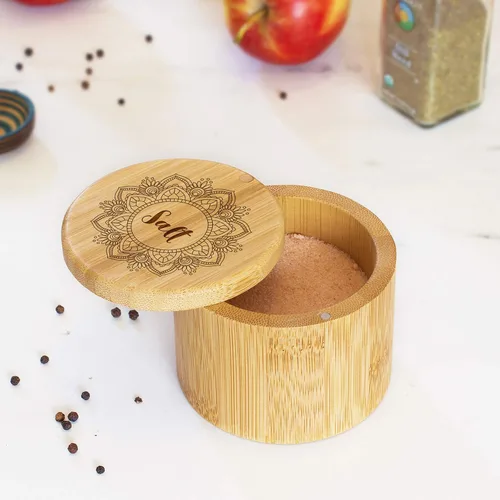 Miniatura 2 de Totally Bamboo Salero Caja de Almacenamiento de Bambú con Tapa Giratoria Magnética, Capacidad de 6 Onzas, Flor Mandala Grabada en la Tapa