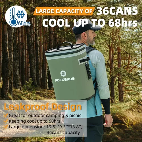 Miniatura 3 de ROCKBROS Enfriador de mochila a prueba de fugas, enfriador de lados suaves, impermeable, aislada, bolsa enfriadora para 36 latas, enfriador suave