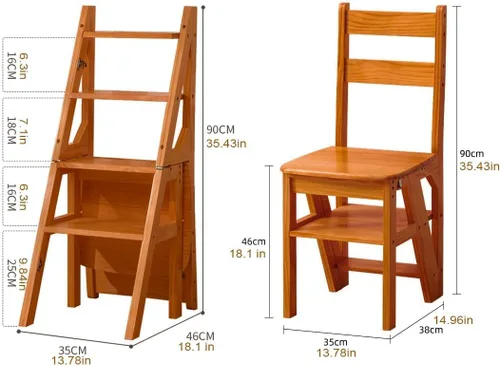 Miniatura 3 de Escalera plegable de 4 niveles, silla plegable de madera 3 en 1, taburete portátil multifunción con capacidad de 198 libras, estante de exhibición