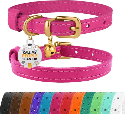 Miniatura 34 de BRONZEDOG Collar de cuero para gato con campanas extraíbles sin liberación rápida, etiqueta QR para gatito para niña y niño