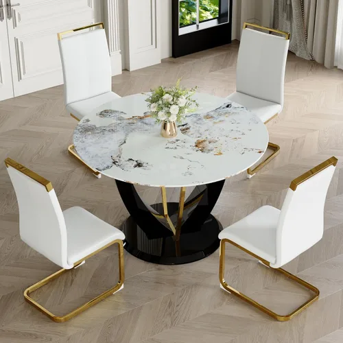 Miniatura 22 de Juego de mesa de comedor redonda para 4, mesa moderna de 48" con tapa de mármol sintético falso y pedestal brillante negro, juego de mesa de cocina