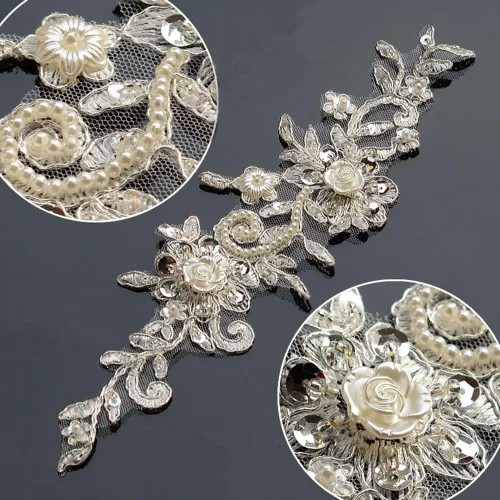 Miniatura 2 de Bling Paillette - Apliques de encaje con cuentas de perlas para novia, parche de costura para bricolaje, cinturón de boda, zapatos, marfil (2 piezas)