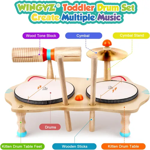 Miniatura 5 de WINGYZ Juego de batería para niños, instrumentos musicales de madera 6 en 1 para niños pequeños de 1 a 3 años, juego de música Montessori para bebés