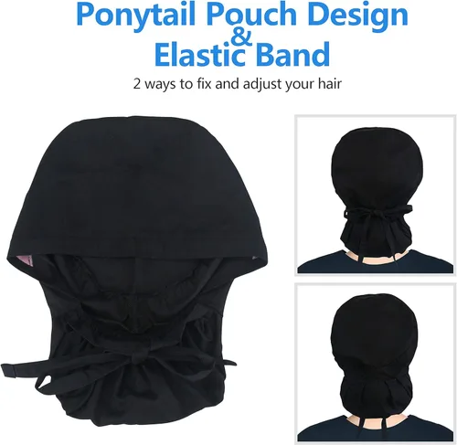 Miniatura 7 de QBA Gorra de trabajo ajustable con botón, gorro forrado de satén, gorro de trabajo de algodón, banda elástica para atar en la espalda, unisex Pt