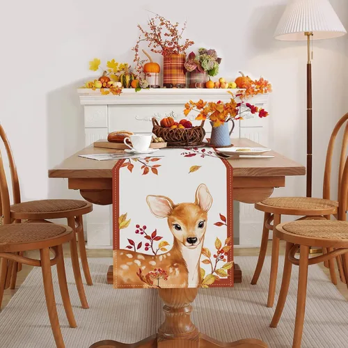 Miniatura 2 de Bonhause Camino de mesa de zorro de otoño de 13 x 90 pulgadas, diseño de ciervo, hojas de arce, bayas, Acción de Gracias, cocina, comedor