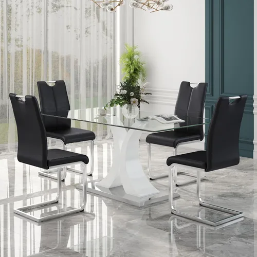 Miniatura 15 de Juego de comedor moderno de vidrio de lujo de 5 piezas, juego de cena rectangular minimalista grande para 4, juego de mesa de cocina de vidrio