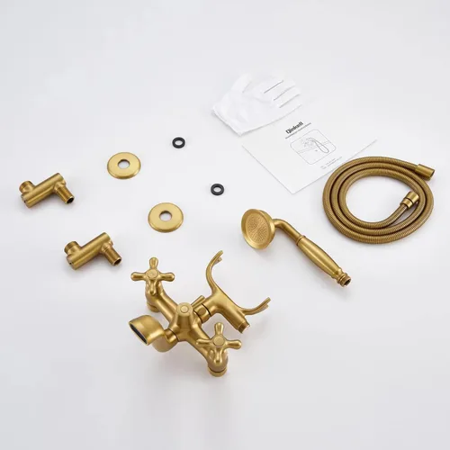 Miniatura 7 de Clawfoot - Grifo de bañera de montaje en pared, grifos de bañera de oro cepillado con ducha de mano, con forma de teléfono vintage, ajustable de 3 a