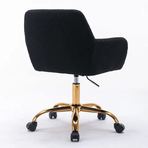 Miniatura 6 de Silla de tocador negra mullida, bonitas sillas de escritorio de piel sintética con patas de metal dorado ajustables en altura ajustable, silla Patas