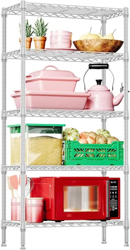 Miniatura 18 de IZEUK Estantes de almacenamiento de metal cromado de 5 niveles, estantería de alambre ajustable para cocina, baño, despensa, oficina, garaje, Cromo