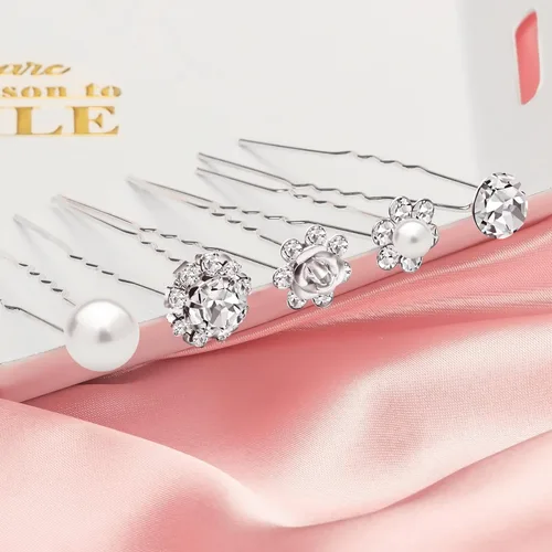 Miniatura 6 de Paquete de 40 horquillas para el pelo de perlas de boda para novia, perlas plateadas con diamantes de imitación, accesorios para decoración