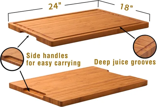 Miniatura 2 de Tablas de cortar de bambú de 24 x 18 pulgadas, bandeja para servir queso charcutería XXL con asas y ranuras para jugos, estructura sólida, delgada