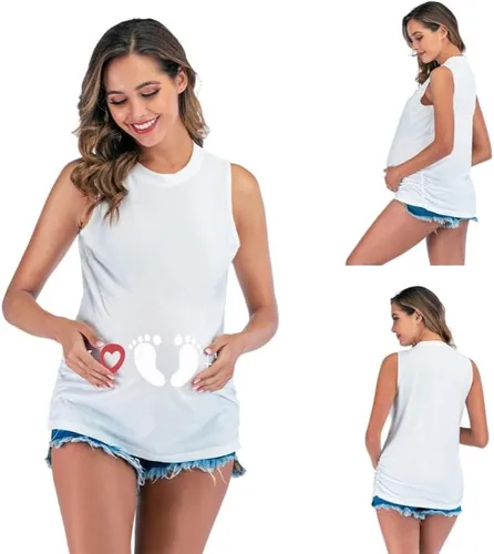 Miniatura 3 de Ropa de maternidad para mujer, serie Little Feet Series, camisetas sin mangas con cuello redondo, ajuste holgado, blusa tipo túnica con estampado