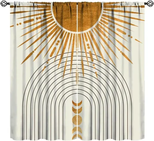 Cortinas de Sol Bohemias, Arco Abstracto de Mediados de Siglo, Fase Lunar Moderna, Estética Minimalista, Estampado Dorado, Cortinas Opacas,