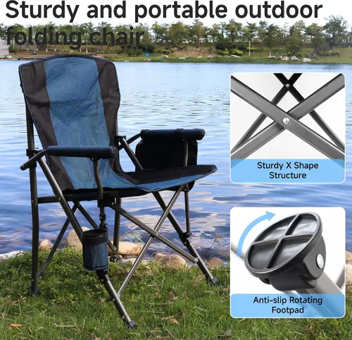Miniatura 3 de Silla de camping plegable con portavasos y bolsa de almacenamiento, soporte resistente de 400 libras, silla de campamento portátil plegable de gran