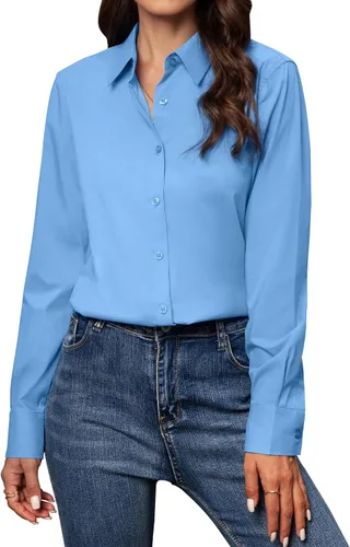 Miniatura 30 de Gleeivy Camisas con botones para mujer de ajuste clásico, camisa de vestir, camisa de trabajo, de negocios, casual, de manga larga, blusa, tops A