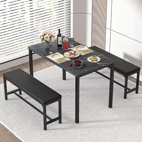 Miniatura 7 de VECELO Mesa de cocina extensible de 3 piezas de 63 pulgadas con bancos/sillas, moderno juego de desayuno/comedor para 4/6/2, diseño de ahorro