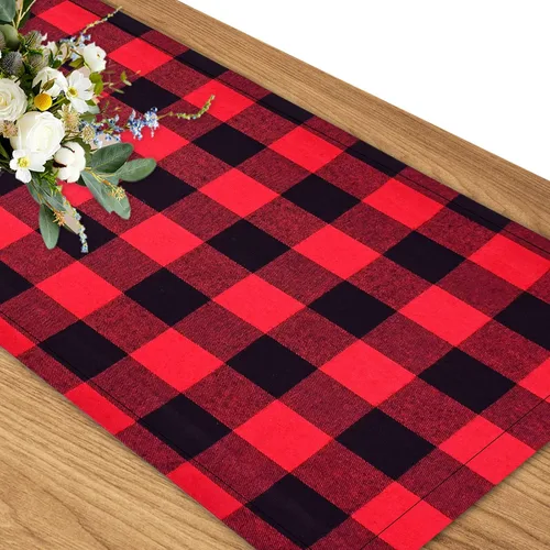 Senneny Buffalo - Camino de mesa de cuadros de búfalo, de algodón, a cuadros rojos y negros, diseño clásico elegante para cena familiar, Navidad,