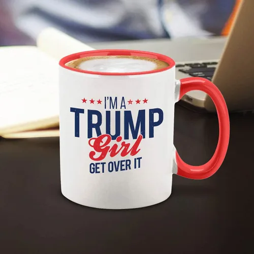 Miniatura 5 de Taza de café de cerámica con texto en inglés "I'm a Trump Girl Get Over It", regalo para ella, 11 onzas (mango rojo)