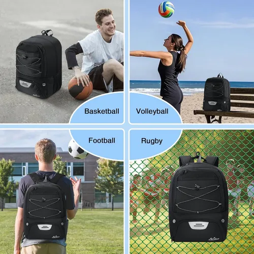Miniatura 8 de MoKo Mochila de baloncesto con gancho, mochila grande de voleibol y fútbol, bolsa de gimnasio con compartimentos separados para pelotas y zapatos