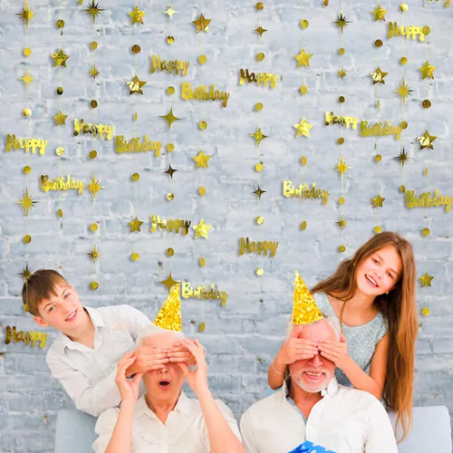 Miniatura 6 de Decoraciones doradas de feliz cumpleaños con diseño de círculos de feliz cumpleaños, guirnalda de estrellas centelleantes metálicas, para colgar